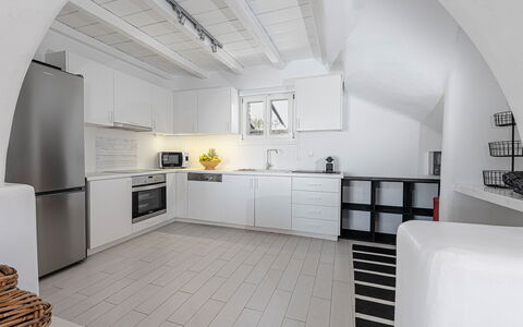 Villa Cocoon: Kitchen, Flooring, Interior Design, Ceiling, Floor, Countertop, Major Appliance, Furniture, Kitchen Appliance, Apartment