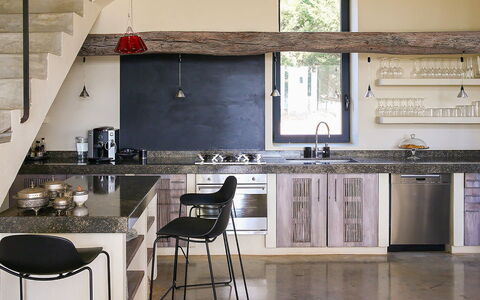 Villa Bouquet: Kitchen, Furniture, Interior Design, Countertop, Flooring, Wood, Floor, Kitchen Appliance, Home, Lighting