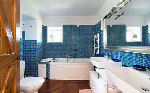 Villa Carosone: Blue, Bathroom, Plumbing Fixture, Flooring, Interior Design, Floor, Sink, Bathtub, Tap, Bathroom Sink