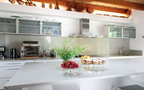 Villa Higo: Kitchen, Countertop, Interior Design, Kitchen Appliance, Cabinetry, Furniture, Home, Major Appliance, Light Fixture, Ceiling