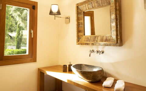Villa Sofia: Bathroom Sink, Interior Design, Wall, Plumbing Fixture, Mirror, Flooring, Wood, Sink, Bathroom, Tap