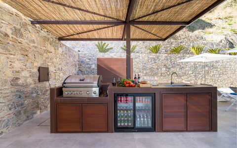 Villa Zafferano: Wood, Kitchen, Wood Stain, Countertop, Kitchen Appliance, Hardwood, Flowerpot, Houseplant, Patio, Major Appliance