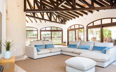 Villa Fountain: Furniture, Interior Design, Couch, Flooring, Floor, Table, Living Room, Room, Textile, Ceiling