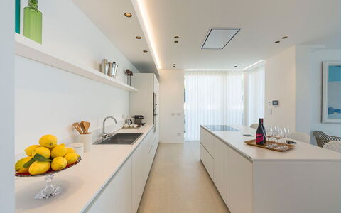 Villa Confini: Kitchen, Interior Design, Countertop, Flooring, Ceiling, Wood, Floor, Kitchen Appliance, Cabinetry, Light Fixture