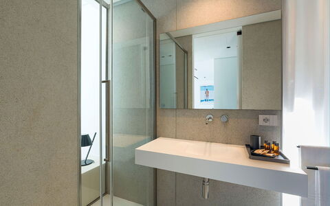 Villa Confini: Bathroom, Interior Design, Plumbing Fixture, Flooring, Wall, Floor, Bathroom Sink, Tap, Sink, Mirror