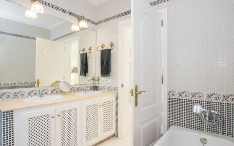 Villa Mosaic: Interior Design, Plumbing Fixture, Flooring, Floor, Bathroom Cabinet, Tap, Plumbing, Bathroom, Lighting, Tile
