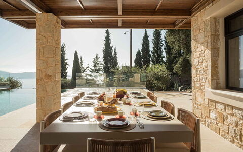 Villa Senia: Furniture, Home, Kitchen & Dining Room Table, Table, Chair, Shade, Restaurant, Dining Room, Natural Material, Estate