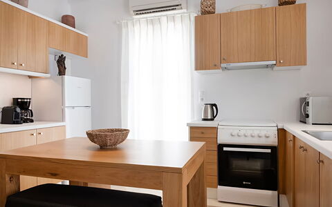 Mykonos Pool House 2: Furniture, Cabinetry, Wood, Interior Design, Flooring, Kitchen Appliance, Kitchen, Major Appliance, Countertop, Floor