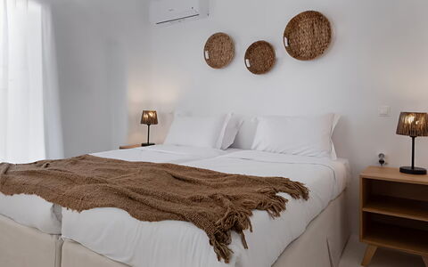 Mykonos Pool House 2: Furniture, Bed, Bedroom, Bedding, Interior Design, Bed Sheet, Wood, Linens, Room, Throw Pillow