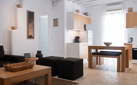 Mykonos Pool House 2: Furniture, Interior Design, Wood, Flooring, Floor, Apartment, Room, Lighting, Living Room, Table