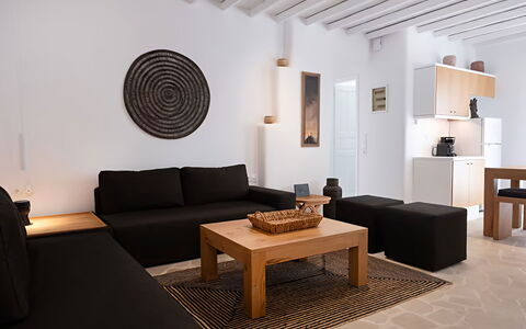 Mykonos Pool House 2: Furniture, Interior Design, Wood, Flooring, Floor, Apartment, Living Room, Couch, Room, Home