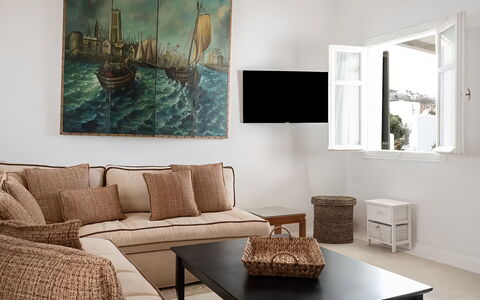 Mykonos Pool House 3: Furniture, Interior Design, Couch, Living Room, Table, Room, Home, Picture Frame, Floor