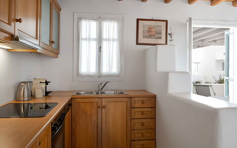 Mykonos Pool House 3: Furniture, Sink, Wood, Interior Design, Countertop, Cabinetry, Flooring, Plumbing Fixture, Kitchen, Floor