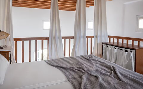 Mykonos Pool House 3: Furniture, Interior Design, Wood, Floor, Flooring, Bed, Bedroom, Textile, Room, Ceiling