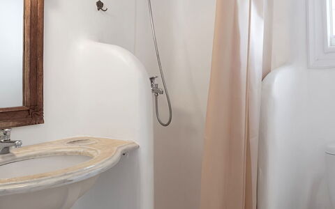 Mykonos Pool House 3: Bathroom, Plumbing Fixture, Wall, White, Interior Design, Bathtub, Plumbing, Room, Floor, Tap