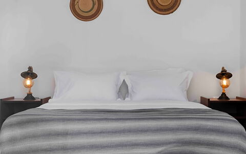 Mykonos Pool House 4: Linens, Bedroom, Furniture, Textile, Bed, Bed Sheet, Interior Design, Bedding, Bed Frame, Pillow