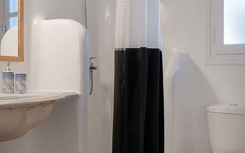 Mykonos Pool House 5: White, Shower Curtain, Textile, Bathroom, Interior Design, Curtain, Plumbing Fixture, Toilet, Bathtub