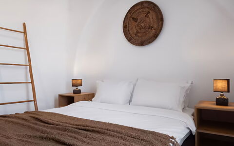 Mykonos Pool House 5: Furniture, Bedroom, Wood, Bed, Bed Sheet, Bedding, Interior Design, Floor, Linens, Lighting