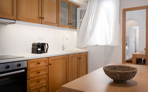 Mykonos Pool House 5: Furniture, Cabinetry, Countertop, Wood, Interior Design, Flooring, Lighting, Kitchen, Floor, Room