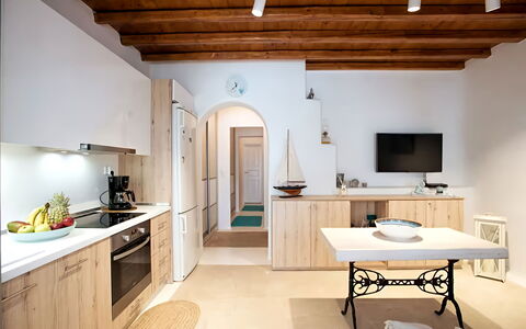Mikonos Pool House 6: Furniture, Interior Design, Flooring, Wall, Wood, Floor, Ceiling, Countertop, Kitchen, Room