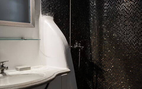 Mikonos Pool House 6: Plumbing Fixture, Bathroom, Interior Design, Plumbing, Bathroom Sink, Tap, Sink, Shower Head, Glass, Shower