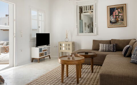 Mykonos Pool House 7: Furniture, Interior Design, Flooring, Floor, Wood, Living Room, Room, Home, Couch, Apartment