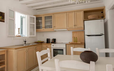 Mykonos Pool House 7: Furniture, Cabinetry, Countertop, Kitchen, Wood, Interior Design, Kitchen Appliance, Flooring, Cupboard, Floor