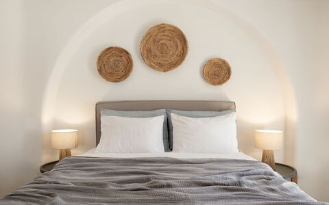 Mykonos Pool House 7: Bedroom, Linens, Furniture, Bedding, Lighting, Bed Sheet, Bed, Pillow, Throw Pillow, Bed Frame