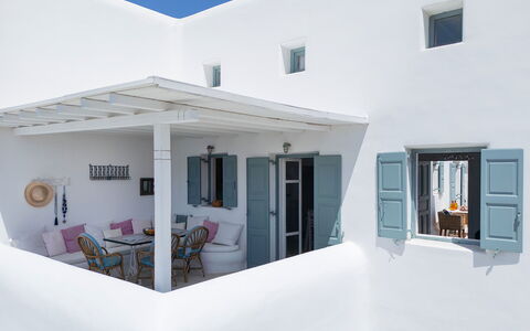 Mykonos Pool House 7: Home, Chair, Outdoor Furniture, Shade, Design, Balcony, Kitchen & Dining Room Table, Outdoor Table, Daylighting, Houseplant