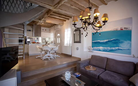 Mykonos Pool House 8: Furniture, Interior Design, Flooring, Couch, Floor, Wood, Room, Living Room, Apartment, Ceiling