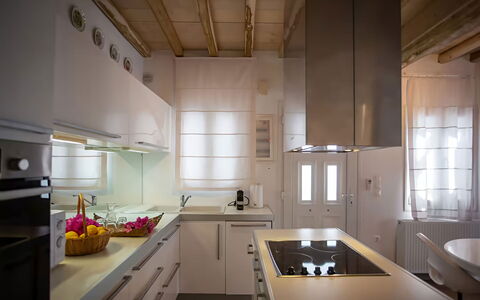 Mykonos Pool House 8: Kitchen, Interior Design, Countertop, Furniture, Flooring, Light Fixture, Kitchen Appliance, Ceiling, Wood, Cabinetry