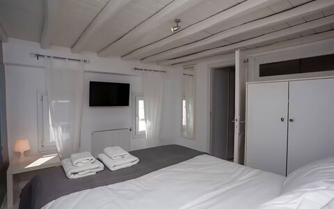 Mykonos Pool House 8: Bedroom, Furniture, Bed, Floor, Interior Design, Bed Sheet, Bedding, Home, Apartment, Linens