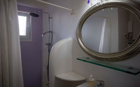 Mykonos Pool House 8: Mirror, Interior Design, Plumbing Fixture, Lighting, Room, Plumbing, Glass, Sink, Bathroom, Light Fixture
