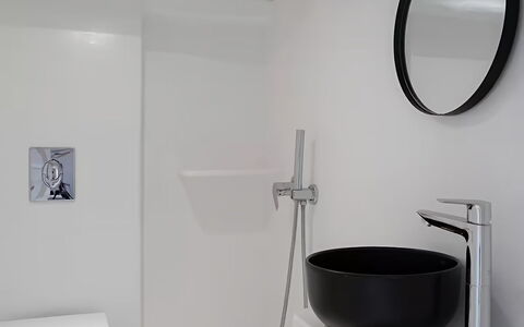 Mykonos Pool House 9: Bathroom, Plumbing Fixture, Interior Design, Flooring, Toilet, Sink, Floor, Tap, Plumbing, Bathroom Sink