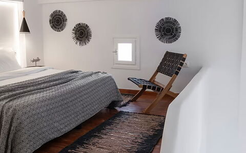 Mykonos Pool House 9: Interior Design, Bedroom, Furniture, Wood, Flooring, Floor, Ceiling, Bed, Bed Sheet, Bedding