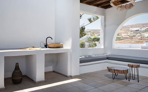 Mykonos Pool House 9: Flooring, Floor, Furniture, Interior Design, Ceiling, Architecture, Room, Wood Flooring, Living Room