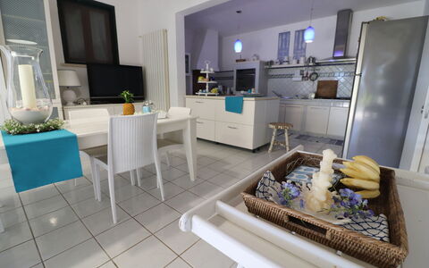 Villa Patrizia Otranto: Deluxe Countryside Retreat: Furniture, Interior Design, Flooring, Floor, Chair, Kitchen, Table, Countertop, Room, Lighting