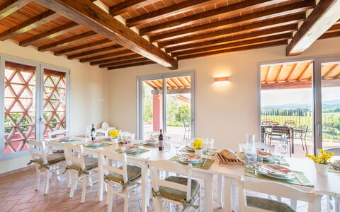 Podere Galieni: Furniture, Table, Interior Design, Chair, Home, Kitchen & Dining Room Table, Room, Dining Room, Ceiling, Tablecloth