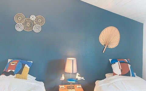Les Alysées: Blue, Bedroom, Interior Design, Textile, Bed Sheet, Linens, Bedding, Bed, Furniture, Ceiling