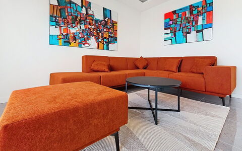 Aloa Iii: Furniture, Flooring, Couch, Floor, Interior Design, Living Room, Orange, Home, Room