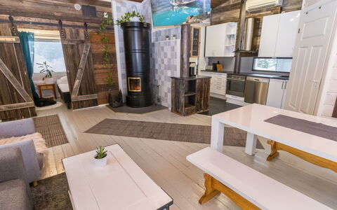 Villa Kökköharju: Wood, Flooring, Floor, Interior Design, Furniture, Wood Flooring, Ceiling, Room, Hardwood, Living Room