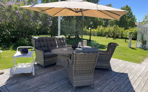 Herrgården: Umbrella, Furniture, Outdoor Furniture, Outdoor Table, Chair, Shade, Garden, Deck, Patio, Hardwood