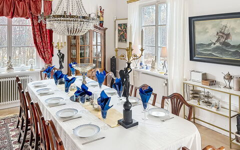 Herrgården: Furniture, Interior Design, Dining Room, Chandelier, Table, Lighting, Chair, Ceiling, Light Fixture, Room