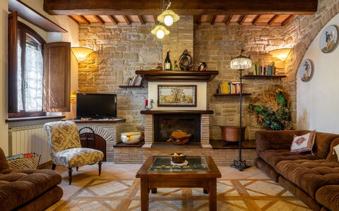 Il Giuncheto, Pool, Amazing View, Umbrian Countrys: Furniture, Interior Design, Wall, Flooring, Wood, Living Room, Ceiling, Table, Lighting, Couch
