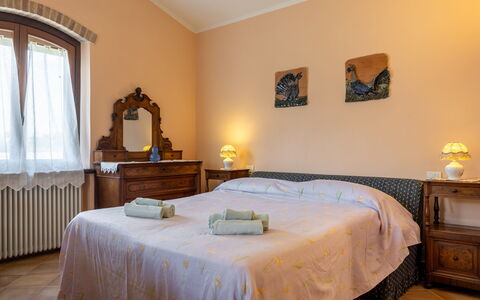Il Giuncheto, Pool, Amazing View, Umbrian Countrys: Bed, Furniture, Bedroom, Bedding, Interior Design, Bed Sheet, Wall, Wood, Linens, Room