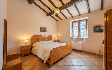 Il Giuncheto, Pool, Amazing View, Umbrian Countrys: Bed, Furniture, Bedroom, Interior Design, Wall, Bed Sheet, Bedding, Wood, Ceiling, Room