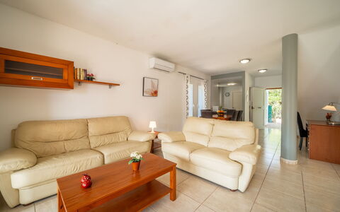 Cala Murada 102: Furniture, Interior Design, Flooring, Couch, Floor, Wood, Ceiling, Living Room, Table, Room