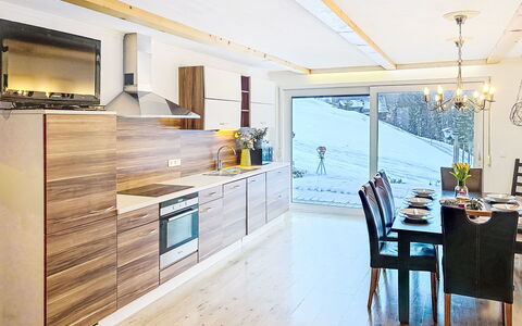 Landhaus Bergkristall: Wood, Interior Design, Furniture, Flooring, Ceiling, Room, Wood Flooring, Kitchen, Apartment, Countertop