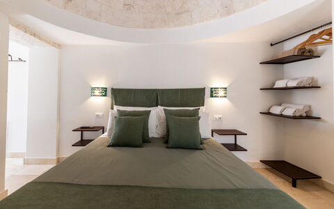 Trullo Miravista Valle D'Itria: Wall, Interior Design, Furniture, Bedroom, Bed, Flooring, Ceiling, Floor, Lighting, Room