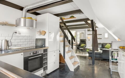 Reika - 500M from the Sea: Flooring, Interior Design, Kitchen, Ceiling, Furniture, Floor, Apartment, Countertop, Room, Chair